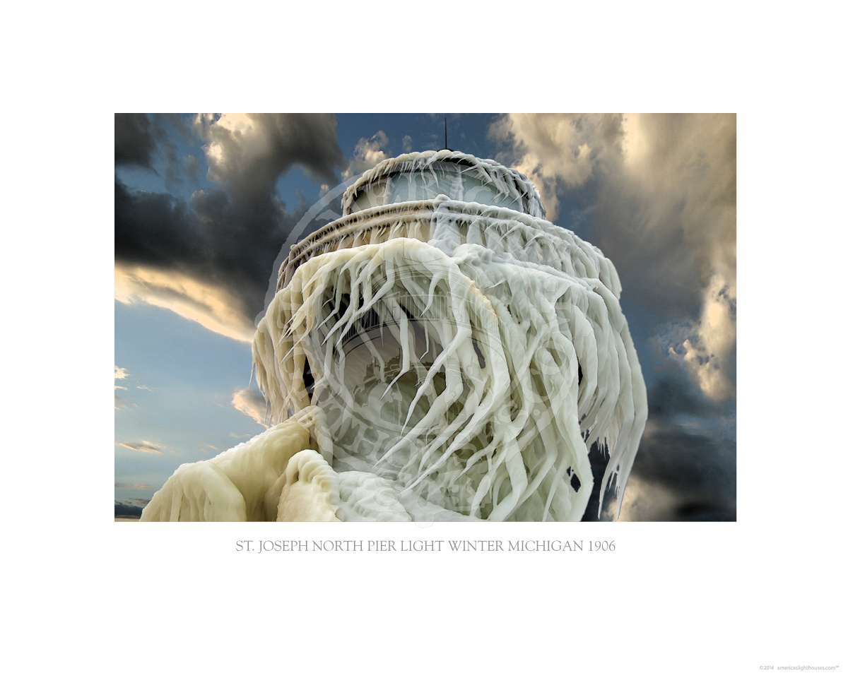 St Joseph North Pier Light Winter Michigan 1906